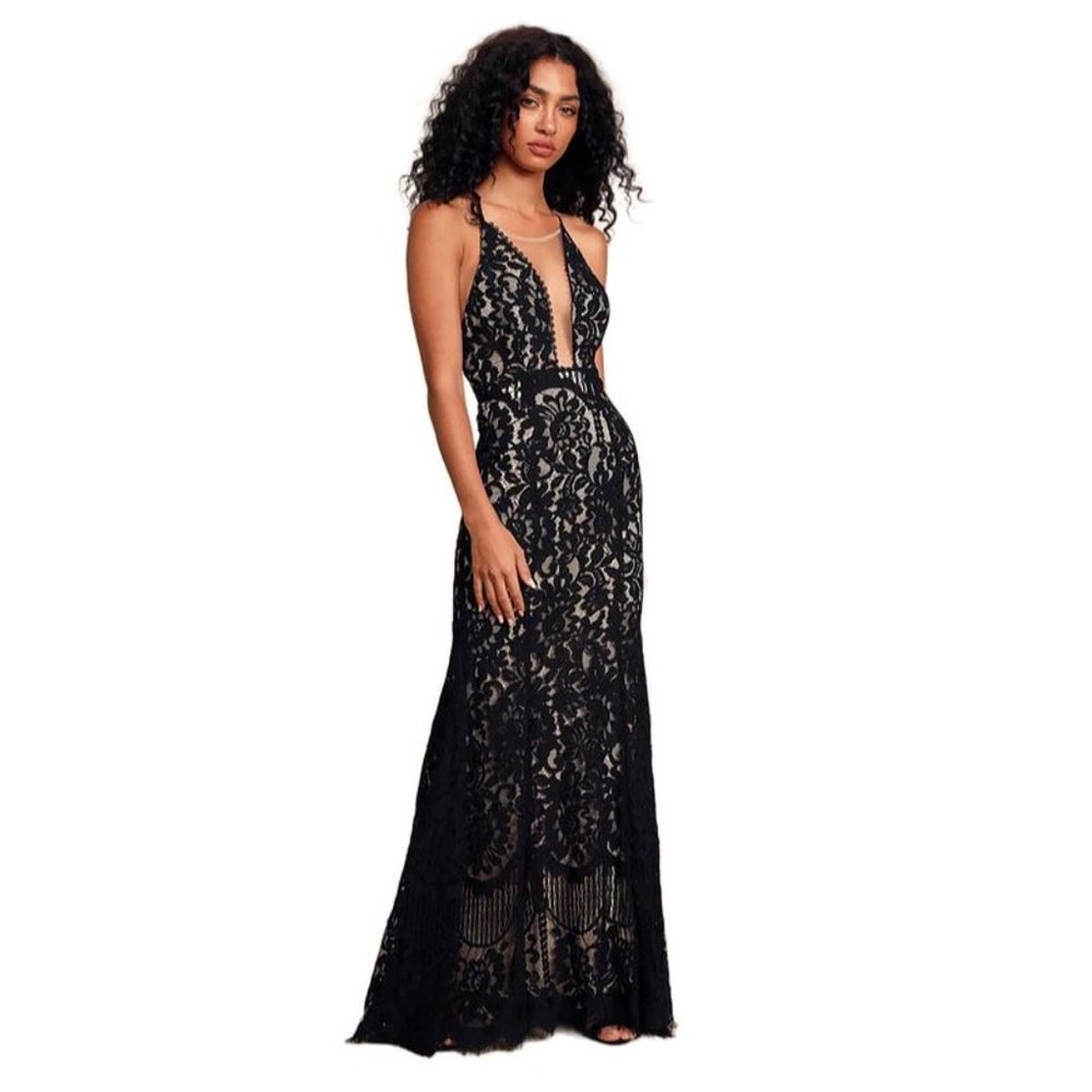 Plunging Neckline Black Lace Illusion Dress sz S